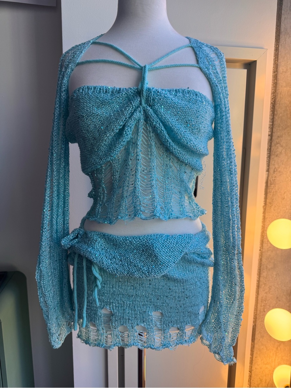 Turquoise Sequin Knit Crotchet Festival
Matching Set Crop Top Mini Skirt (size M